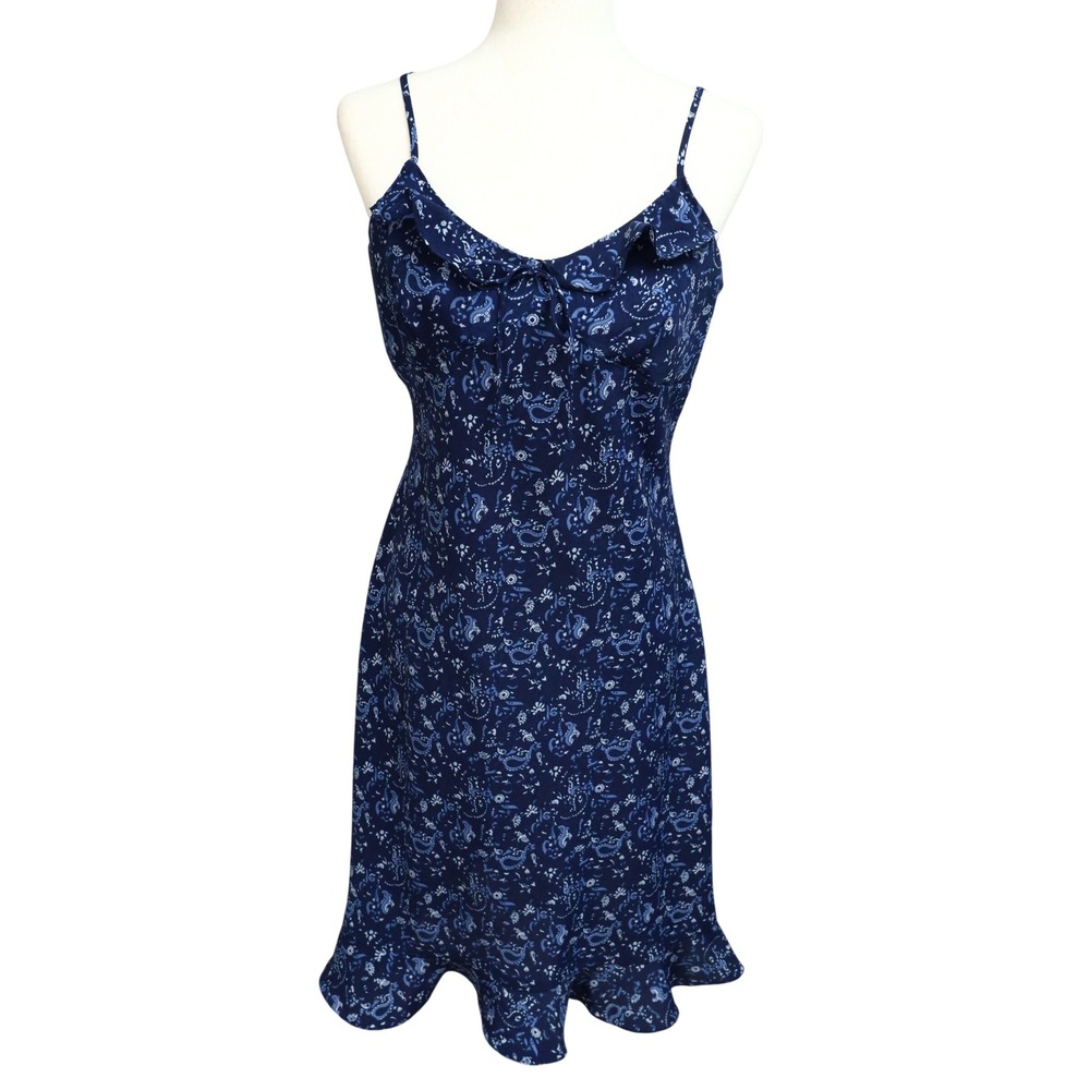 VTG Slip Midi Cami Ruffle Dress L Navy Ditsy Paisley Vacation Boho 90s Grunge